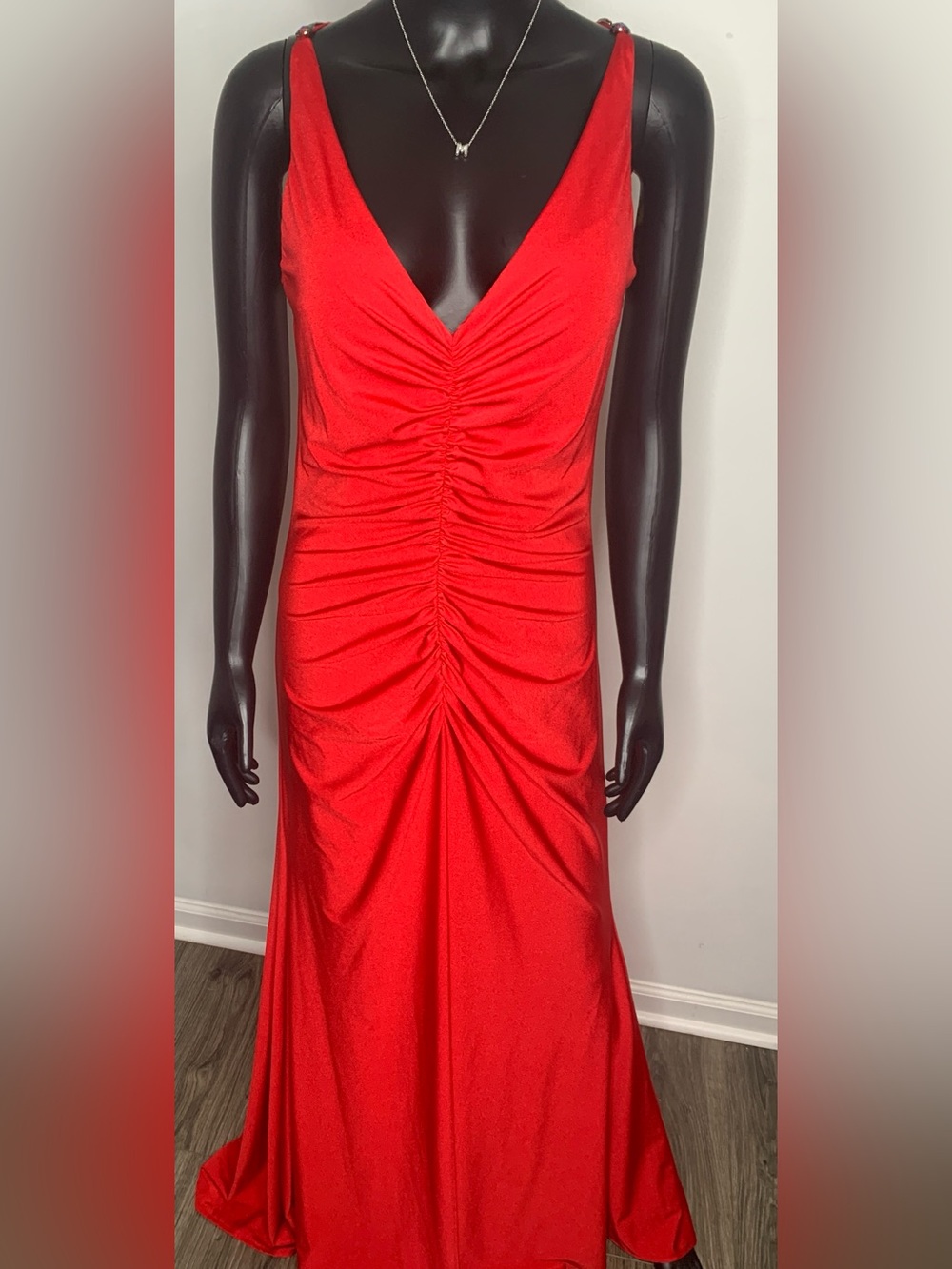 Strapless Red Ruched Evening Gown